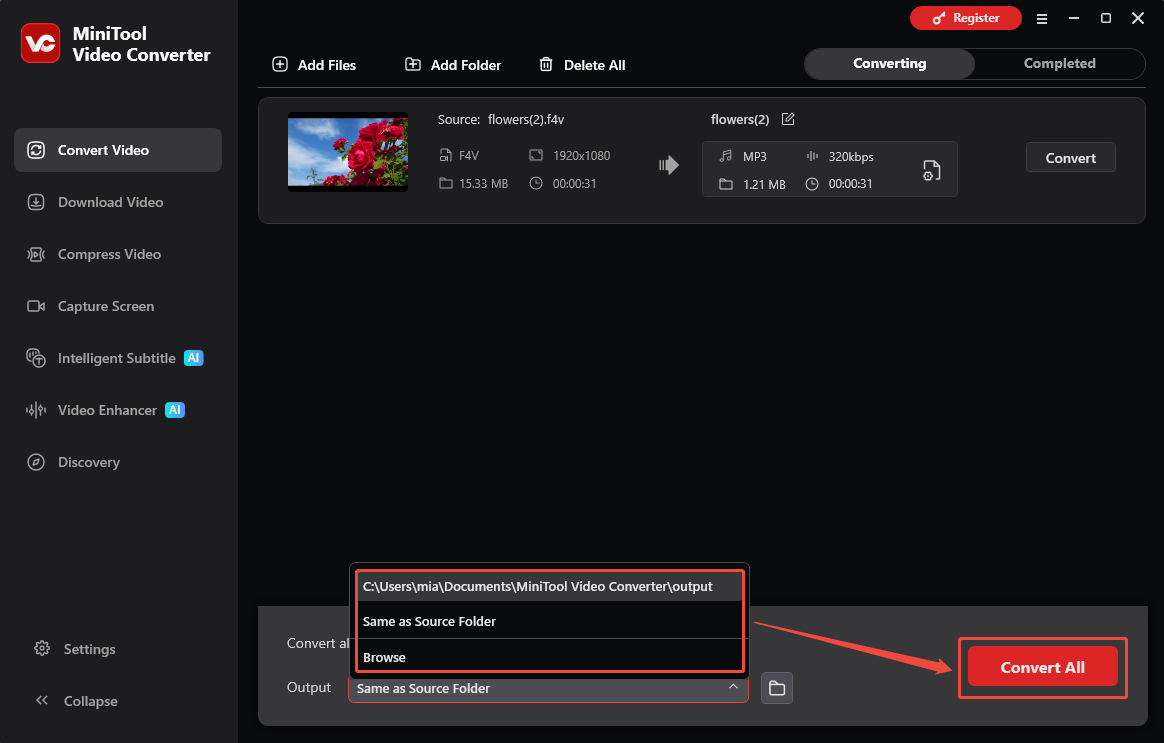 MiniTool Video Converter Convert Video interface showing how to select the save destination and start conversion.