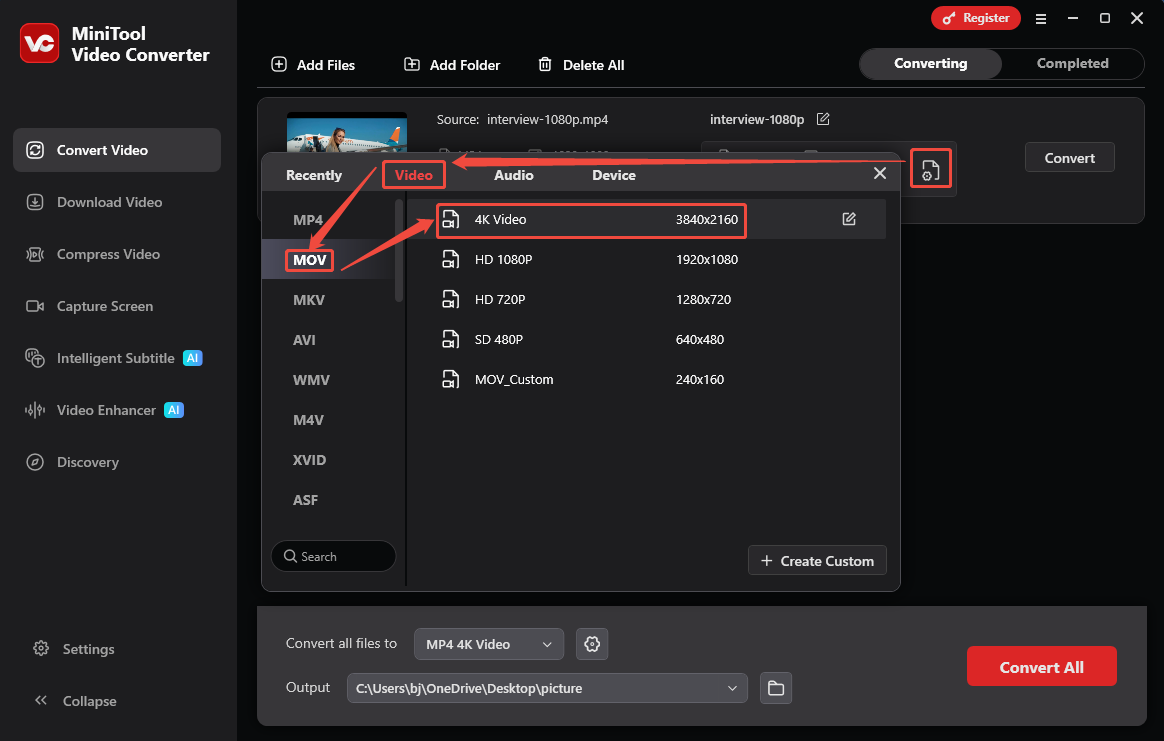 MiniTool Video Converter format settings window showing how to set MP4 for the converted video in the Convert Video tab.