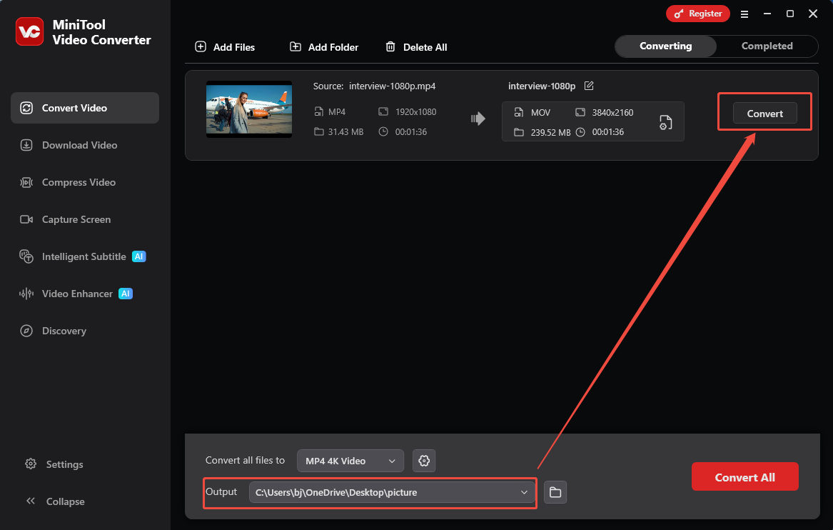 MiniTool Video Converter with the Output option and the Convert button selected in the Convert Video tab.