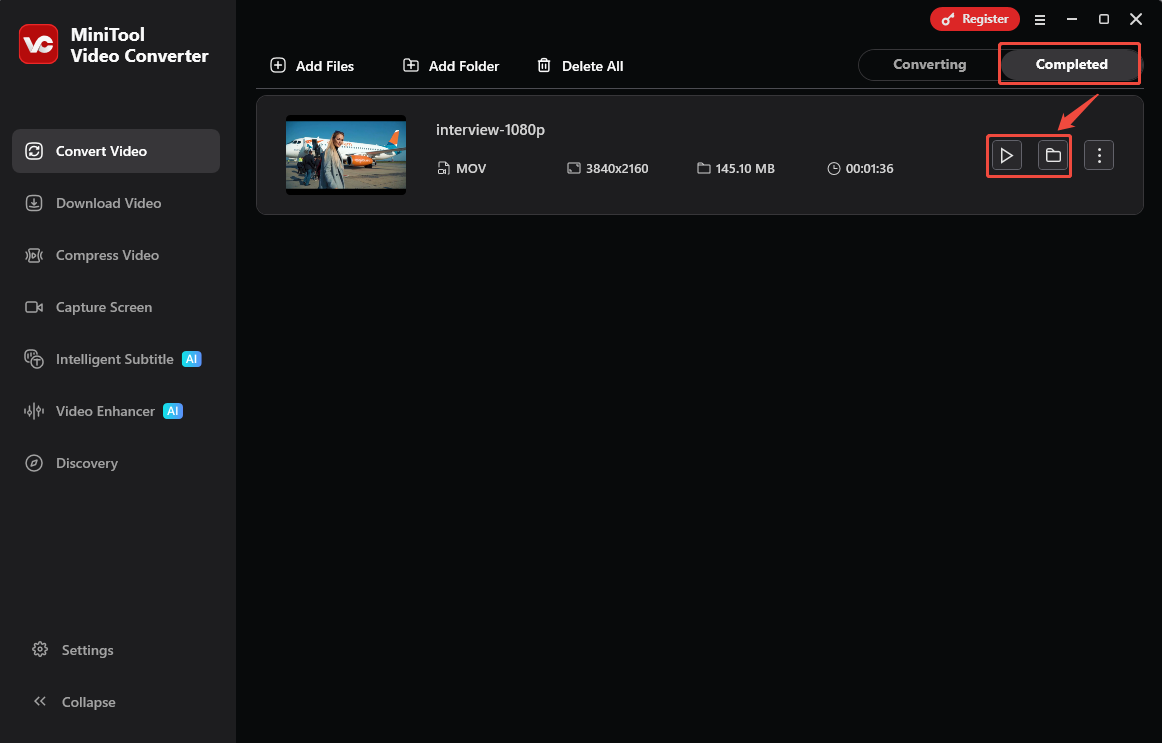 MiniTool Video Converter Completed tab with the Play icon and the Folder icon selected in the Convert Video tab.