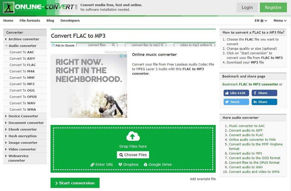 Online Convert Convert FLAC to MP3 interface.