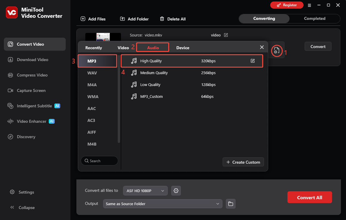 MiniTool Video Converter Convert Video interface showing how to set the output format.