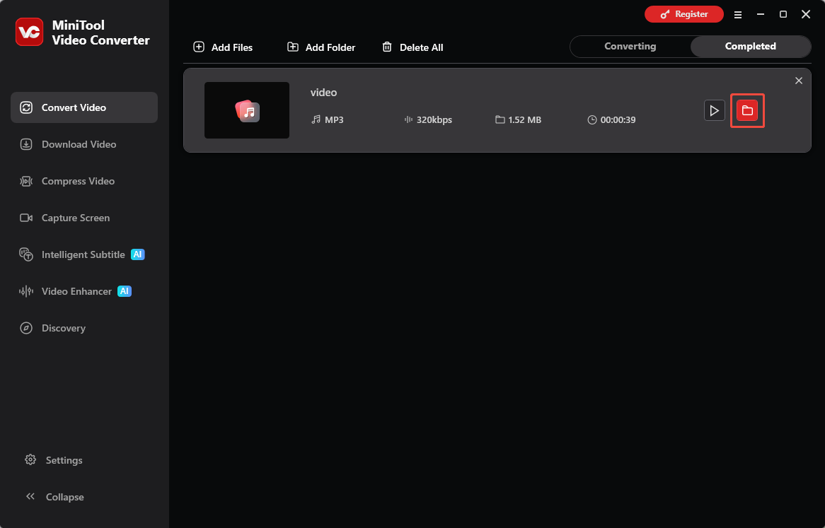 MiniTool Video Converter Convert Video interface with the folder icon selected to locate the output file.