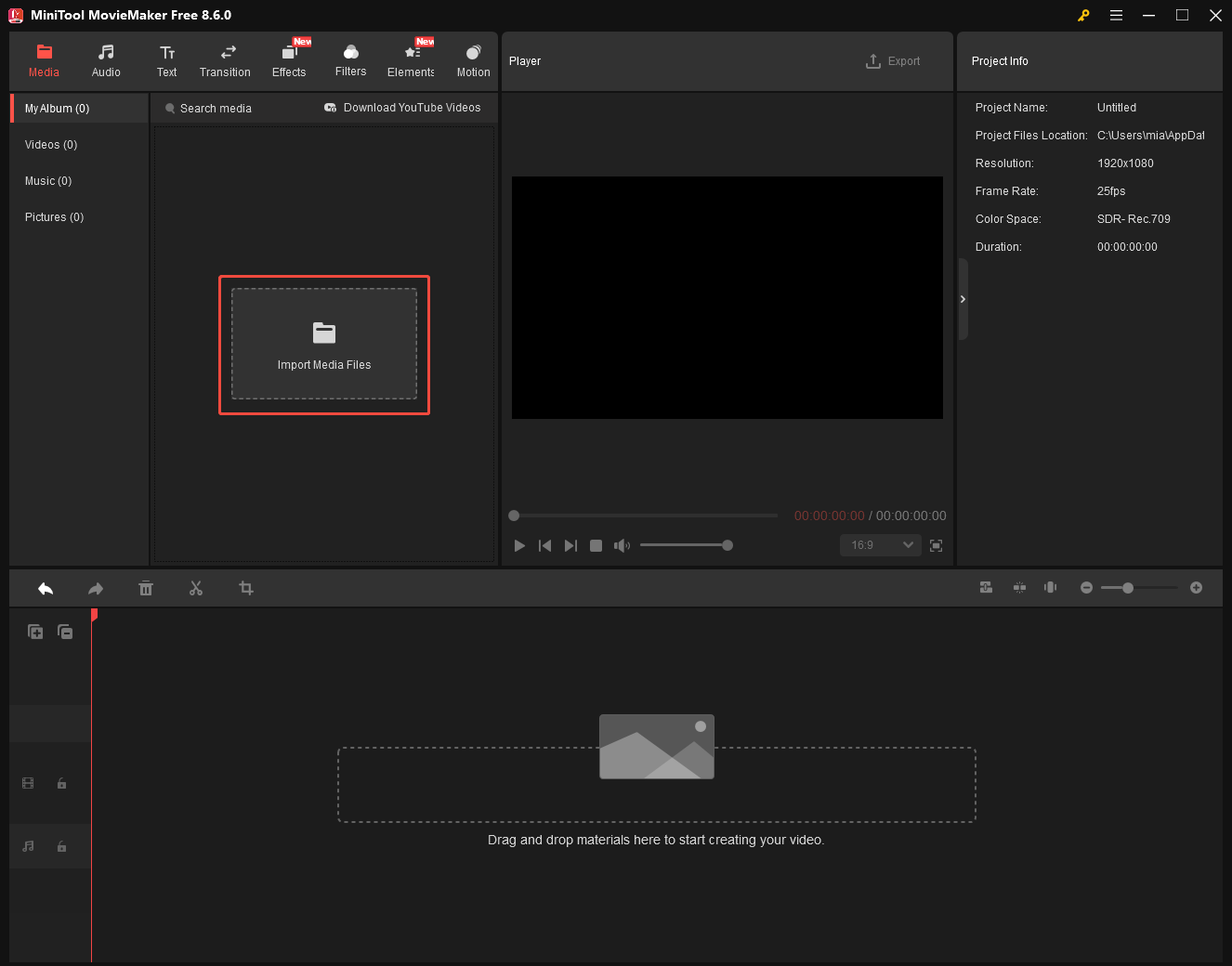 MiniTool MovieMaker interface with the Import Media Files option selected.