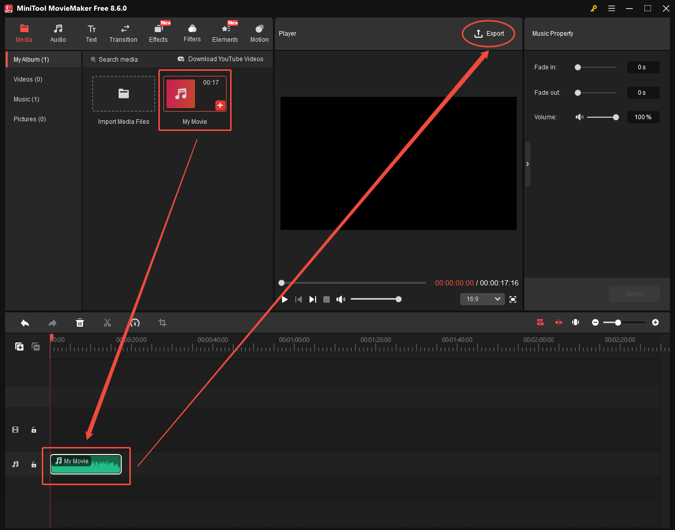 MiniTool MovieMaker interface showing how to edit the audio file.