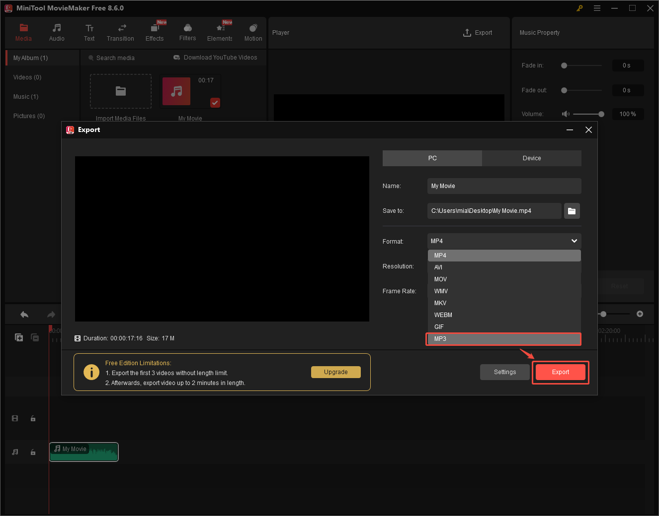 MiniTool MovieMaker interface showing how to export the file in MP3.