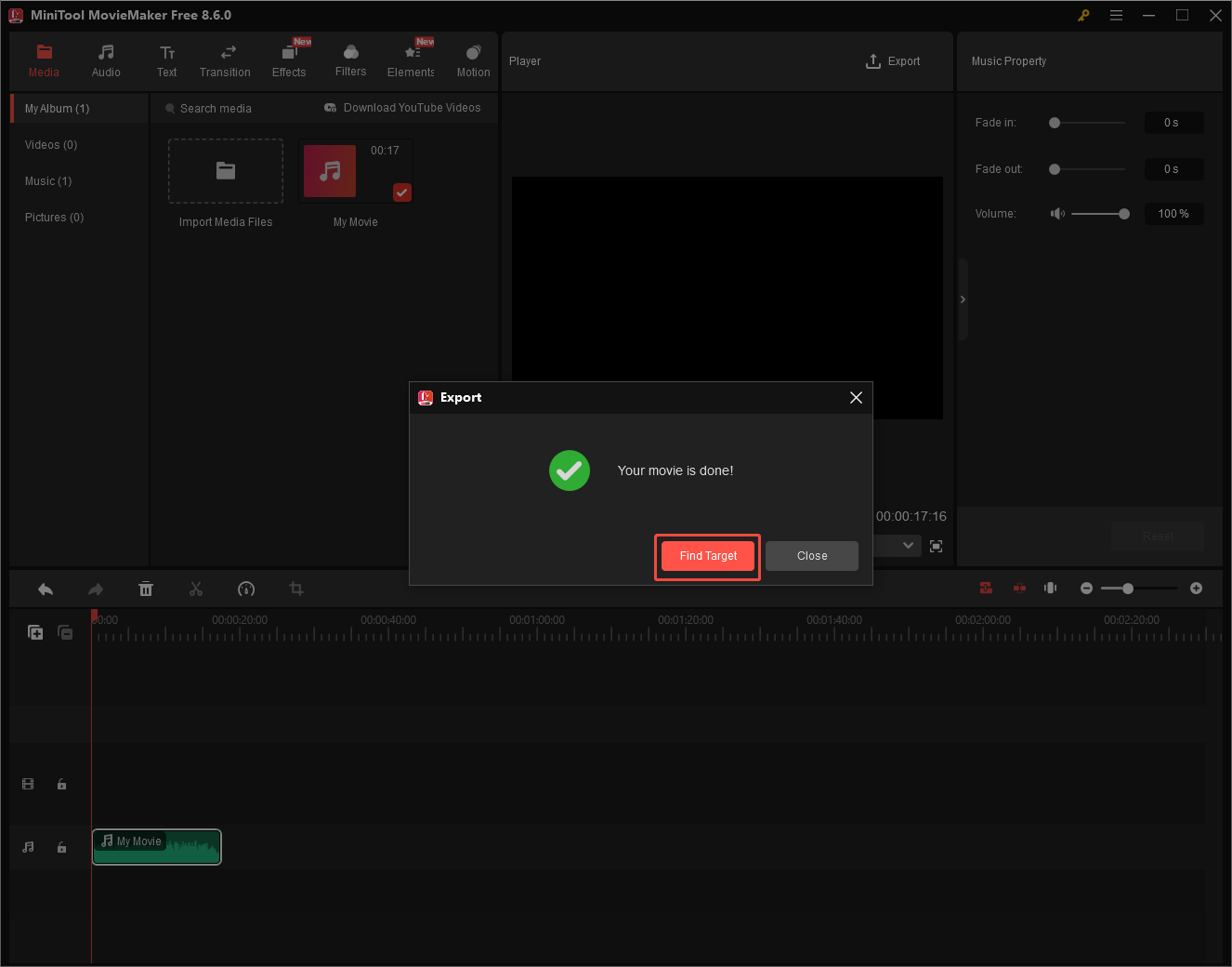 MiniTool MovieMaker interface with the Find Target option selected in the Export window.