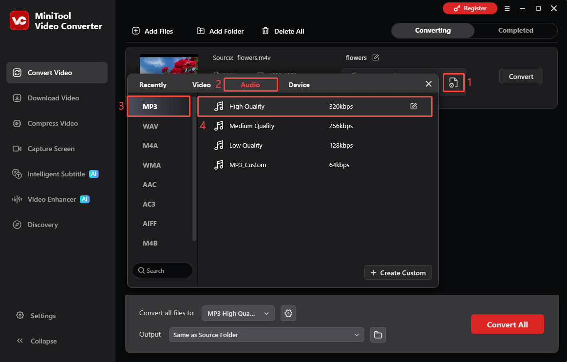 MiniTool Video Converter interface showing how to choose MP3 as the export format.
