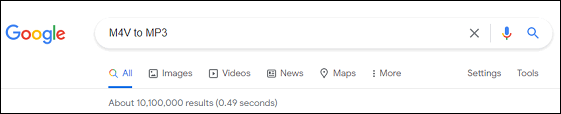 Google search bar with the M4V to MP3 typed in the box.