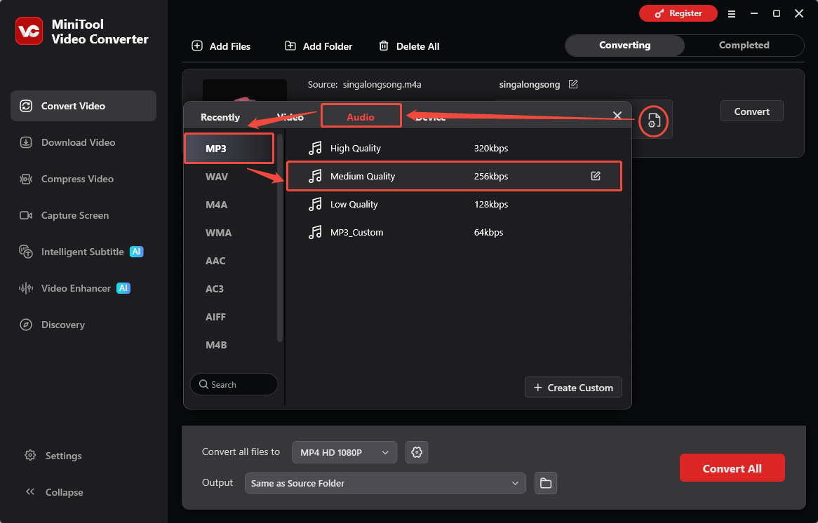 MiniTool Video Converter Convert Video interface showing how to select the output format and quality.