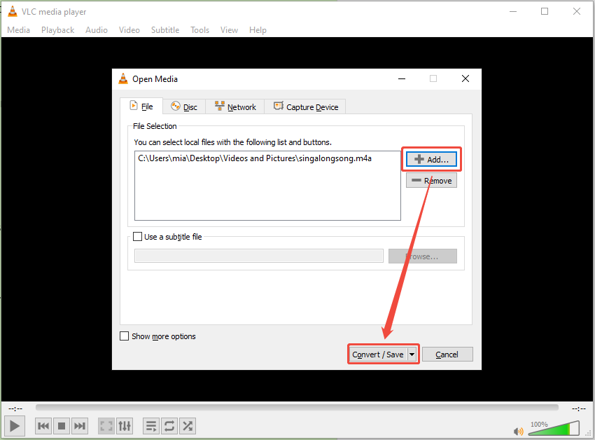 VLC Open Media window showing how to upload M4A audio.