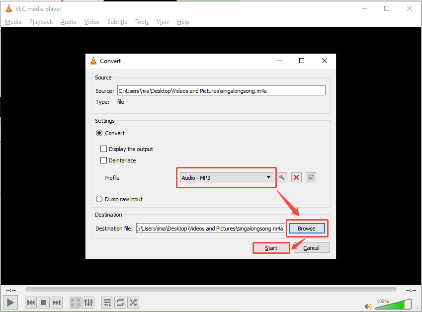 VLC Convert window showing how to choose output format and set save location and start conversion.