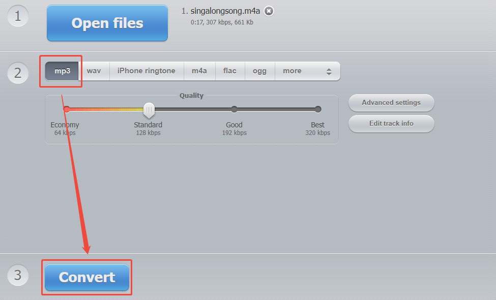 Online Audio Converter interface showing how to set MP3 as the output folder and how to convert file.