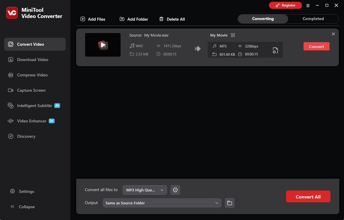 MiniTool Video Converter Convert Video interface with a WAV to MP3 conversion task in the workspace.