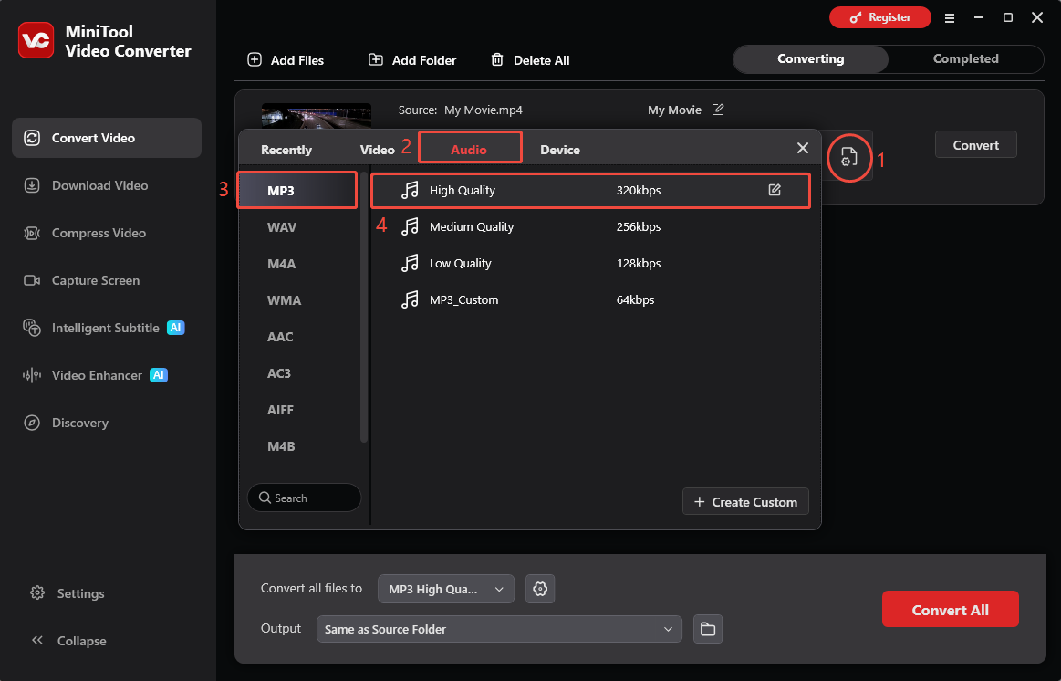 MiniTool Video Converter interface showing steps to choose MP3 as the output format.