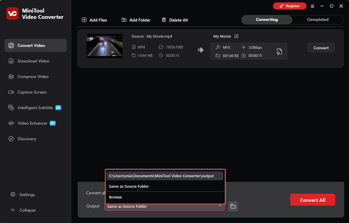 MiniTool Video Converter interface with the output menu expanded.