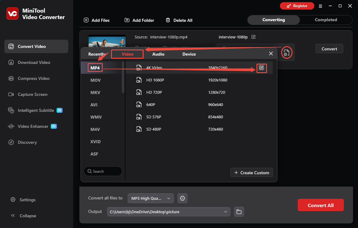 MiniTool Video Converter output format window showing how to open the Settings window in the Convert Video tab.