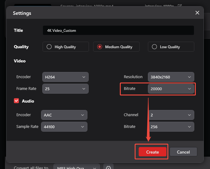 MiniTool Video Converter Settings window with the Bitrate option and the Create button selected in the Convert Video tab.