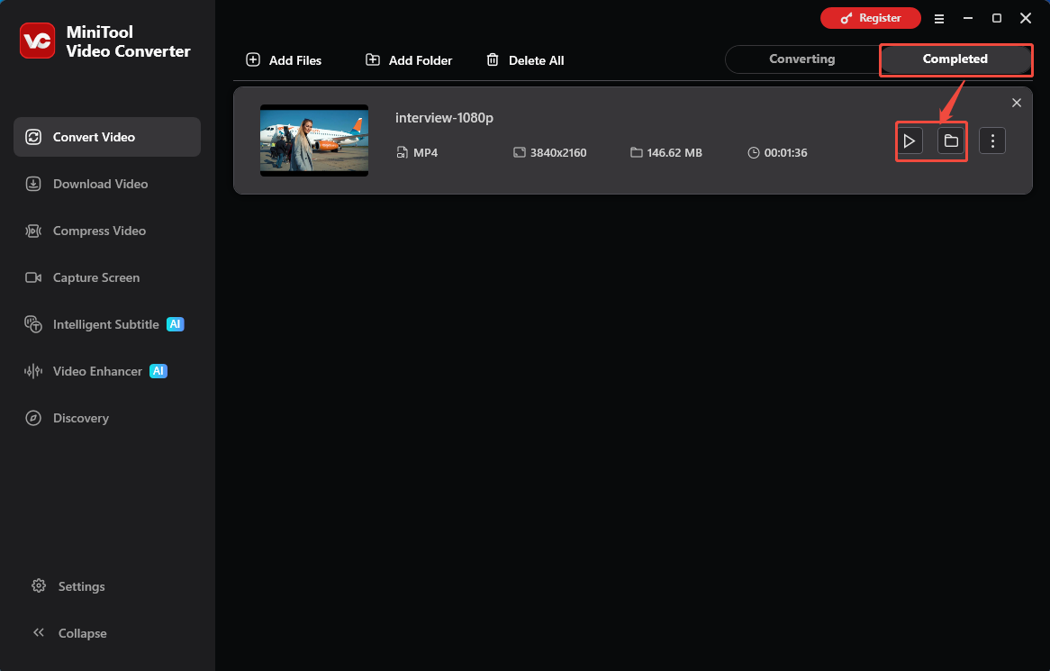 MiniTool Video Converter Completed tab with the Play icon and the Folder icon selected in the Convert Video tab.