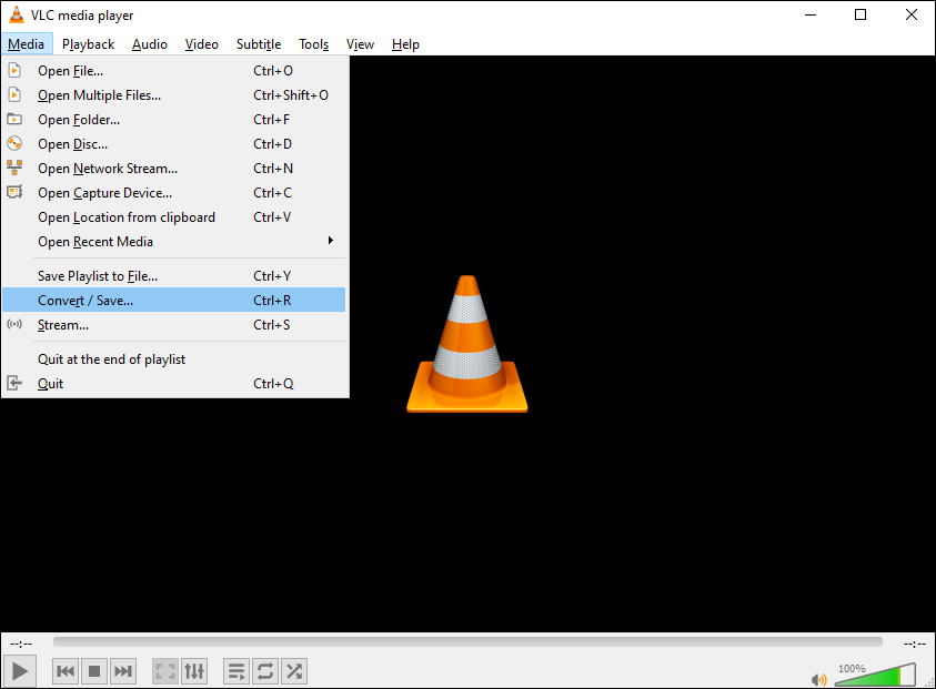 VLC interface with the Media menu opened and the Convert or Save option highlighted.