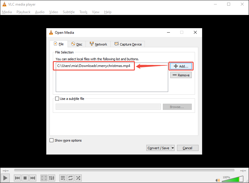 VLC media player Open Media window showing how to add a source file.