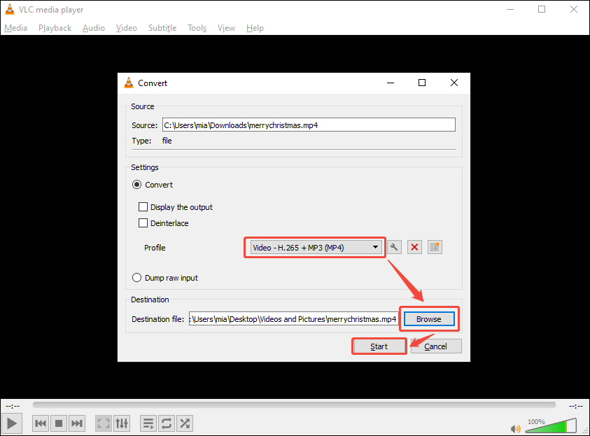 VLC media player Convert window showing how to set output format and save location and how to start conversion.