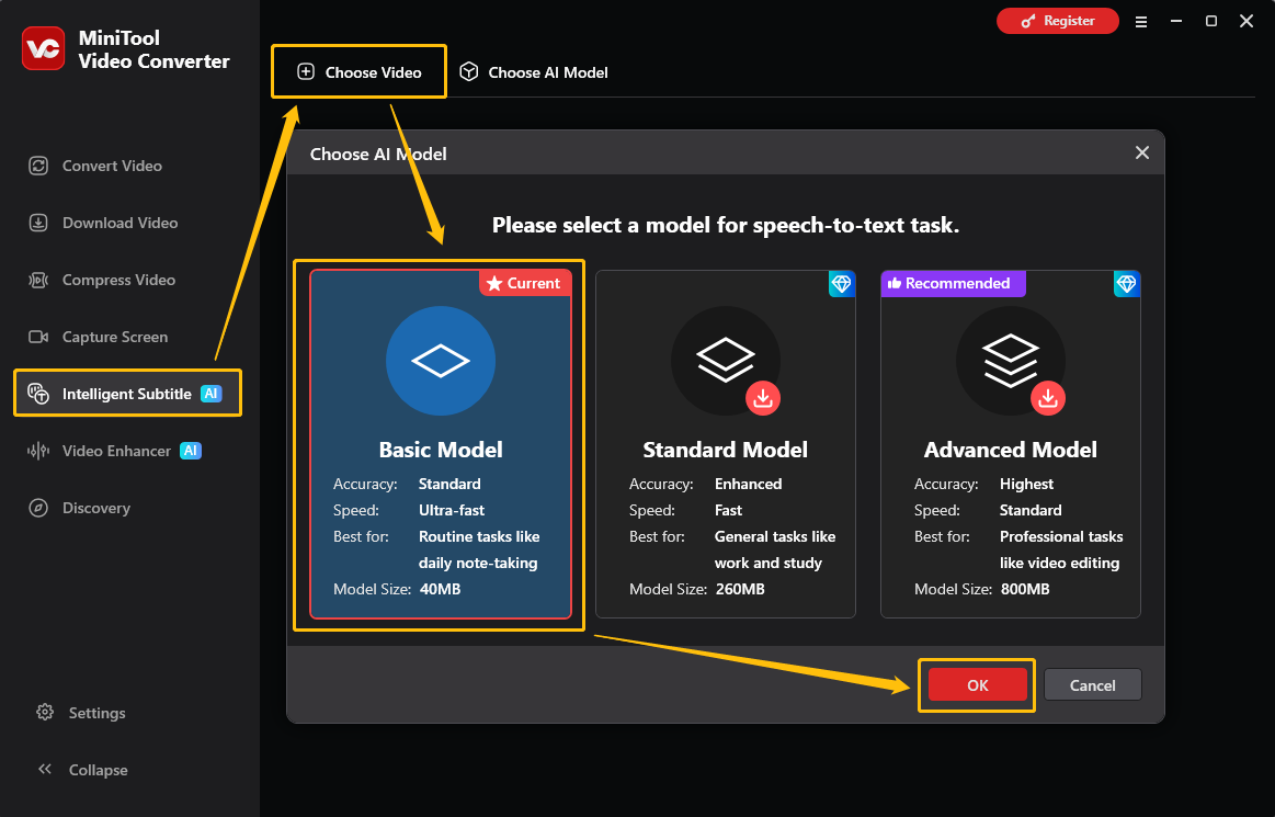 MiniTool Video Converter interface showing how to select the transcription AI model.