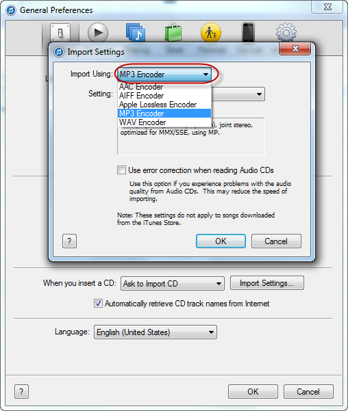 iTunes Import Settings window with the MP3 Encoder option selected in the General Preferences.