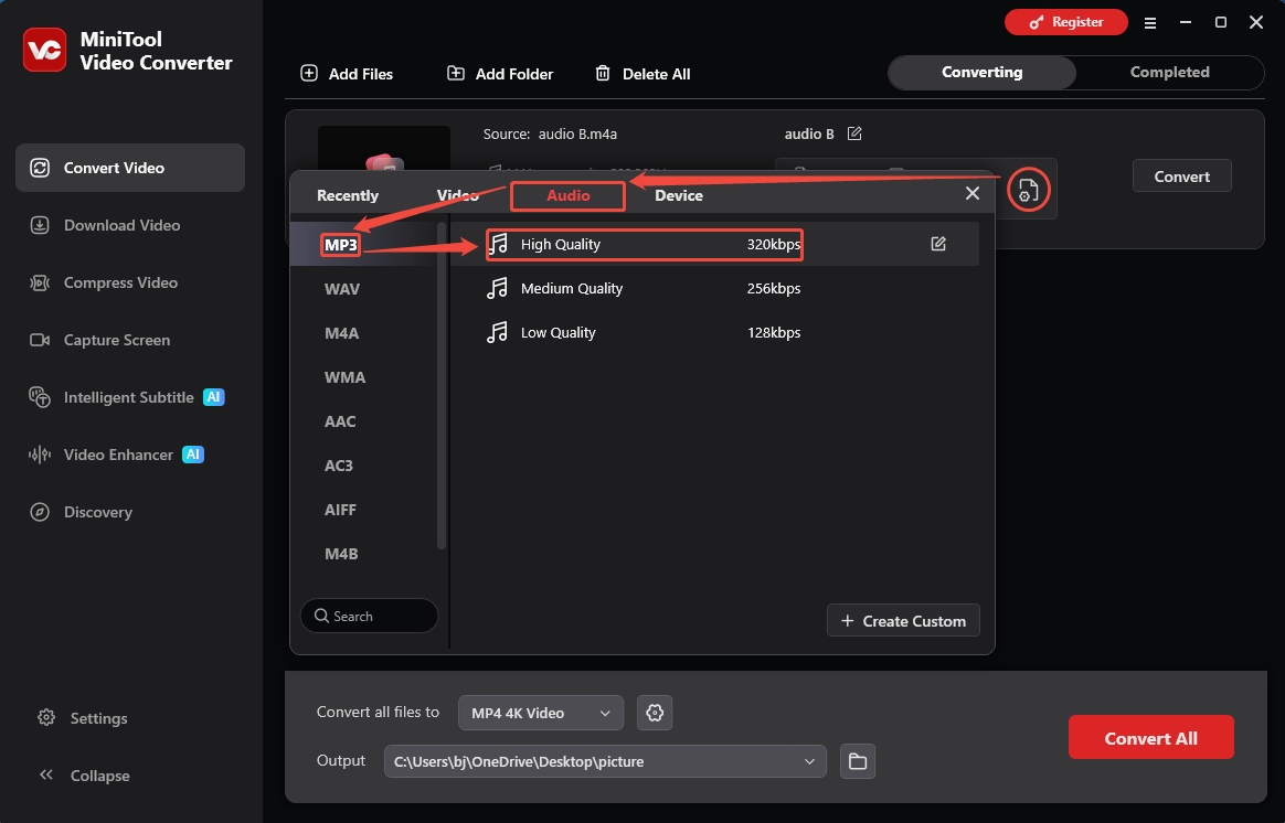 MiniTool Video Converter format settings window showing how to set MP3 for the converted video in the Convert Video tab.