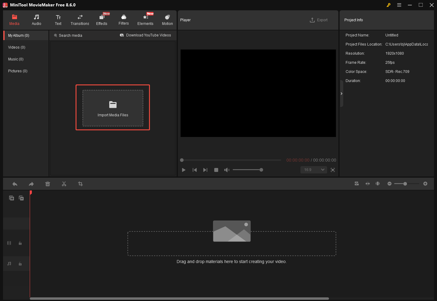 MiniTool MovieMaker interface with the Import Media Files option selected.
