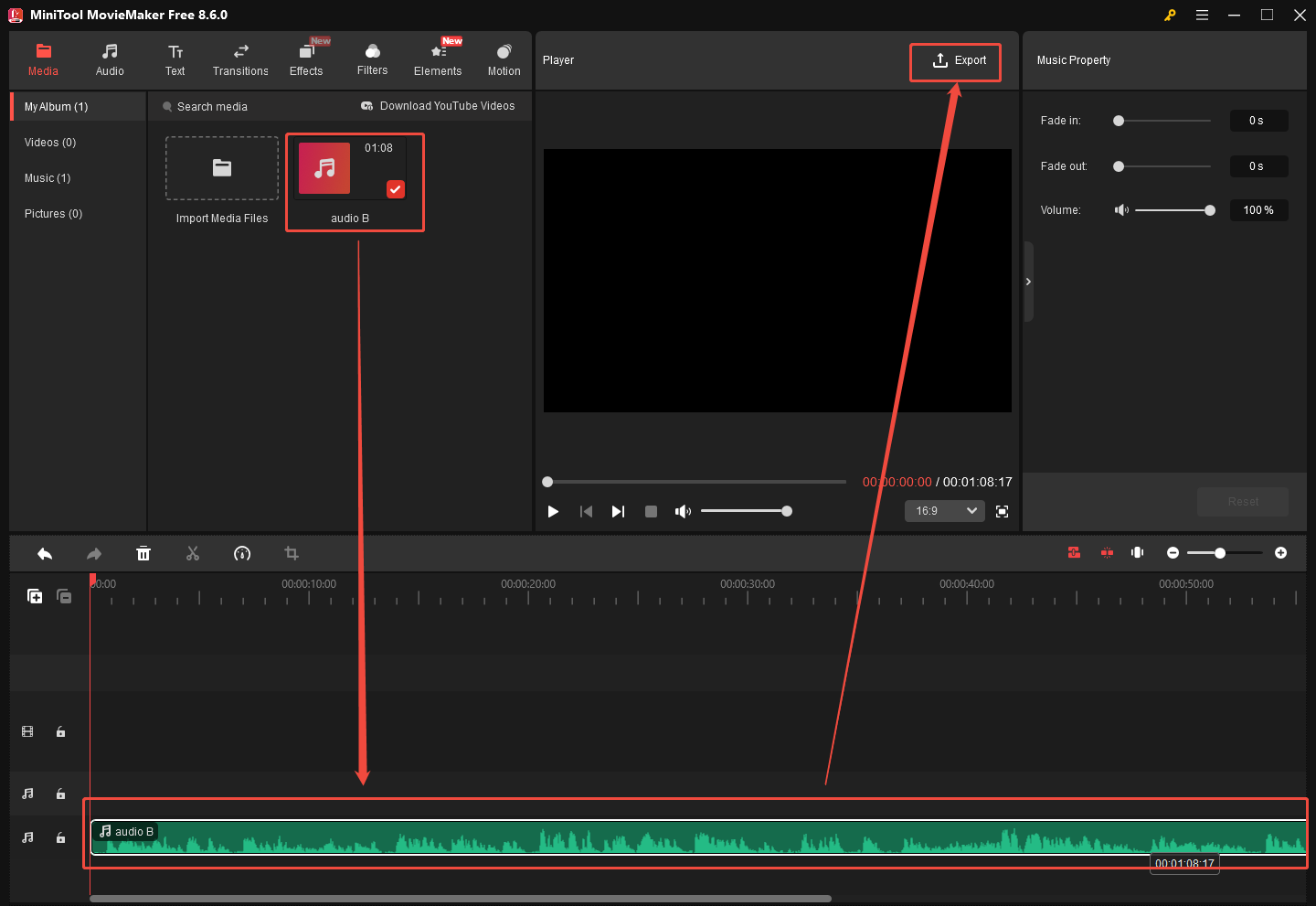 MiniTool MovieMaker Export window showing how to drag the M4A audio onto the timeline.