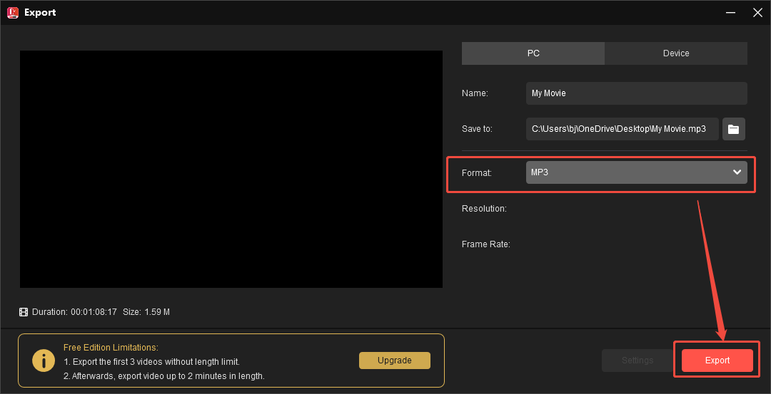 MiniTool MovieMaker Export window showing how to set the MP3 as the output format and how to start export.