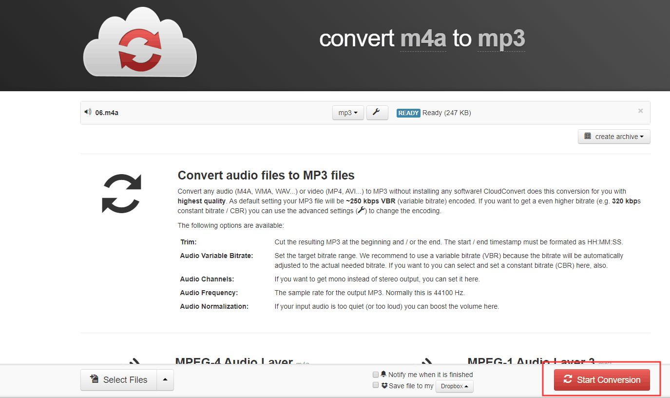 CloudConvert interface with the Start Conversion selected.