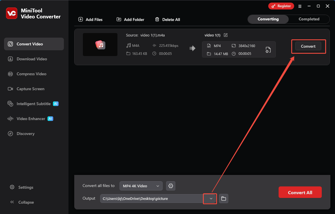 MiniTool Video Converter with the Output option and the Convert button selected in the Convert Video tab.