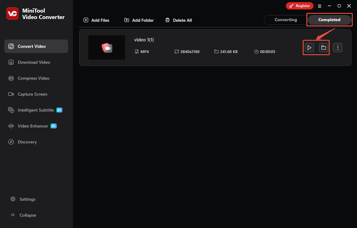 MiniTool Video Converter Completed tab with the Play icon and the Folder icon selected in the Convert Video tab.