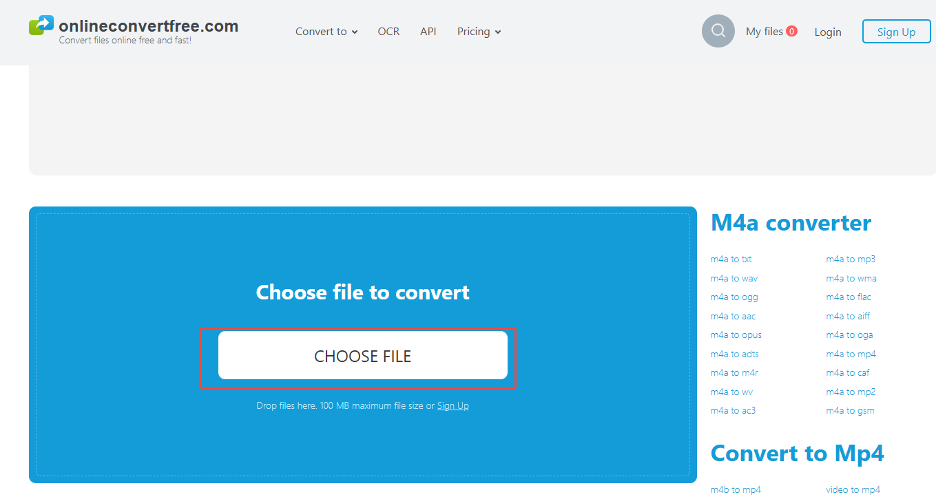 OnlineConvertFree interface with the CHOOSE FILE option selected.