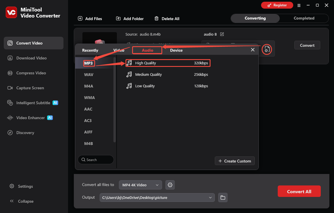 MiniTool Video Converter format settings window showing how to set MP3 for the converted video in the Convert Video tab.