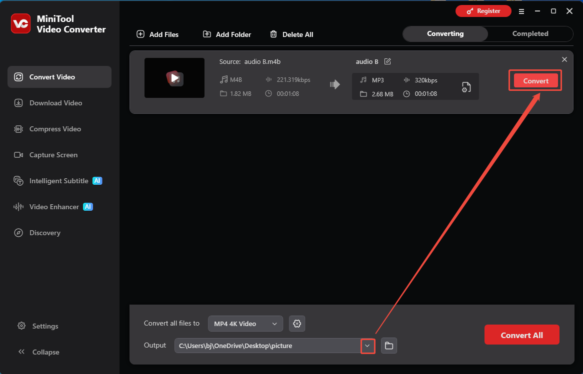 MiniTool Video Converter with the Output option and the Convert button selected in the Convert Video tab.