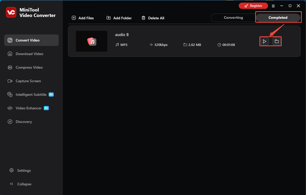 MiniTool Video Converter Completed tab with the Play icon and the Folder icon selected in the Convert Video tab.