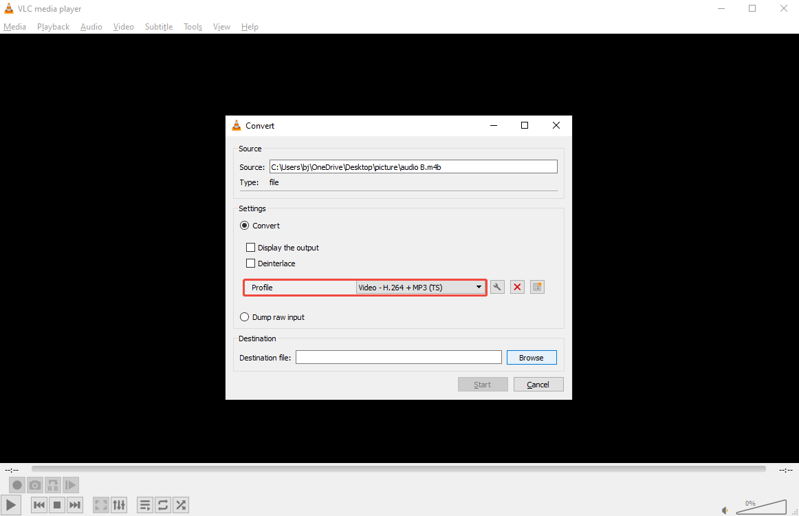 VLC Media Player Convert window showing how to set MP3 as the output format.