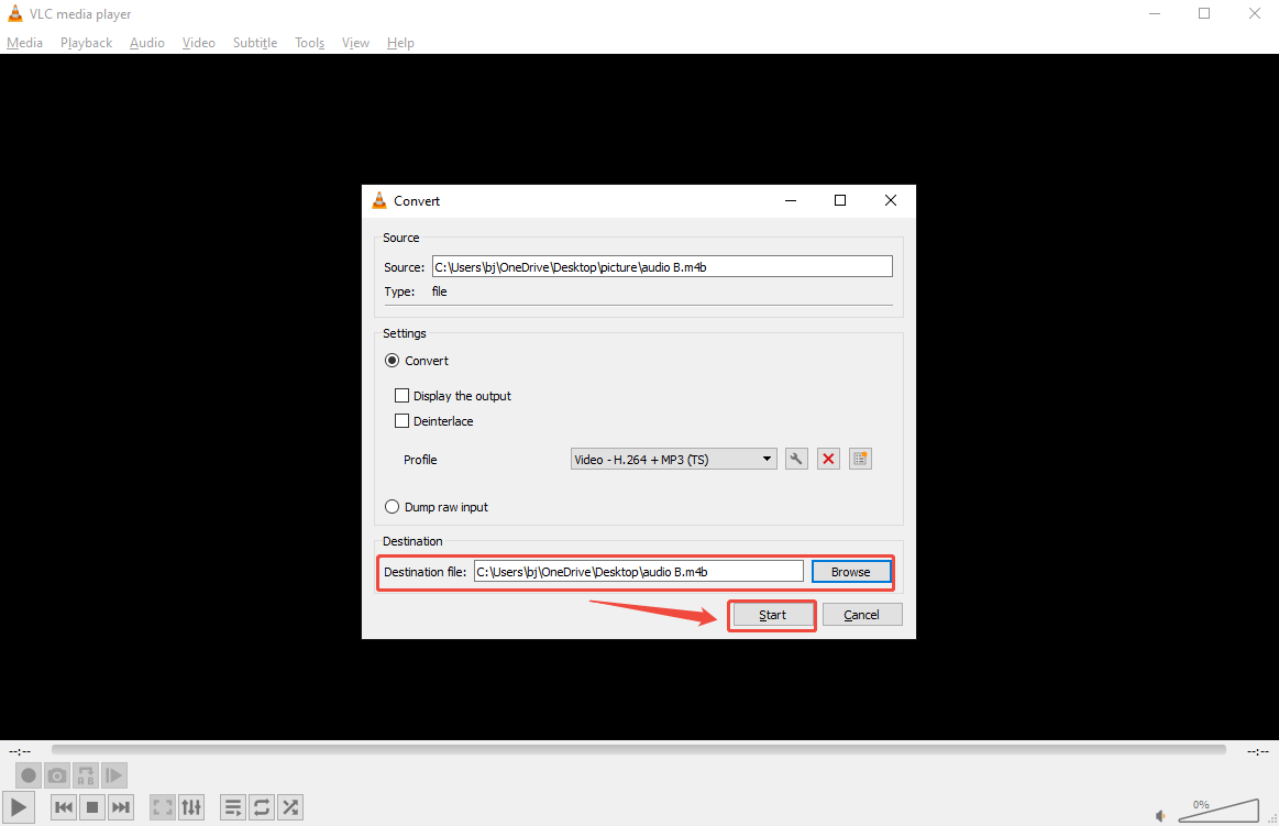 VLC Media Player Convert window with the Browse option and the Start button selected.