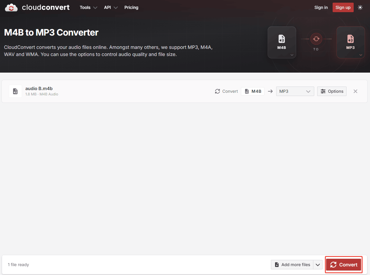 CloudConvert interface with the Convert button selected.