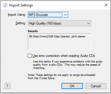 iTunes Import Settings window.