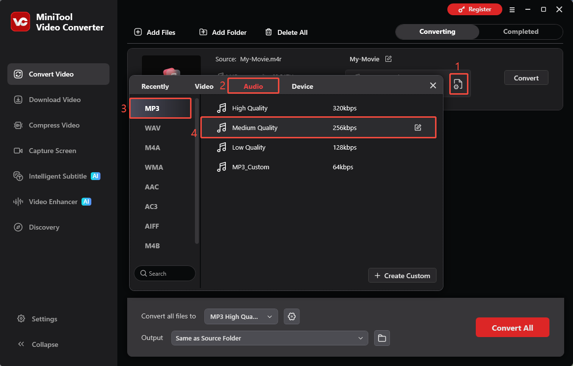 MiniTool Video Converter interface showing how to set MP3 as the output format.
