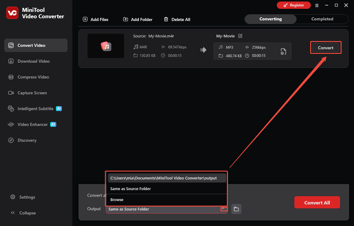 MiniTool Video Converter interface showing how to set the output destination and start conversion.