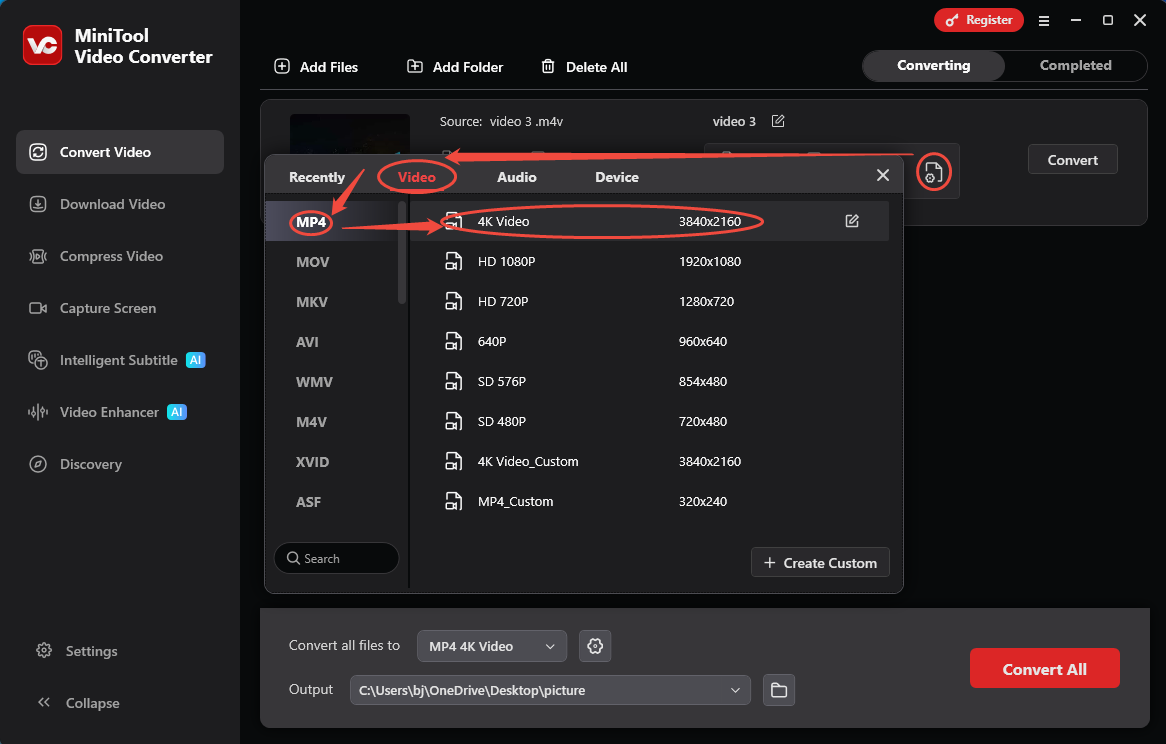 MiniTool Video Converter format settings window showing how to set MP4 for the converted video in the Convert Video tab.
