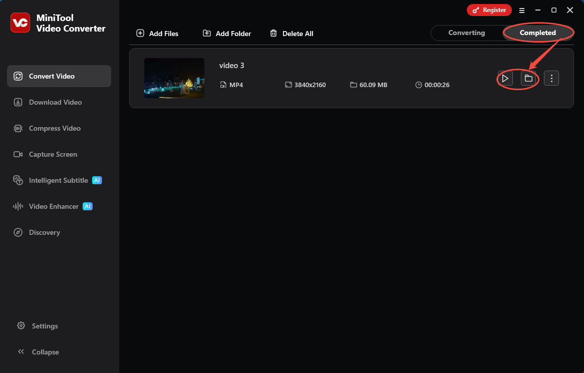 MiniTool Video Converter Completed tab with the Play icon and the Folder icon selected in the Convert Video tab.