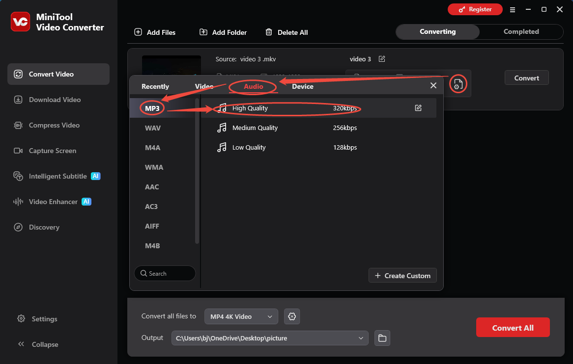 MiniTool Video Converter format settings window showing how to set MP3 for the converted video in the Convert Video tab.