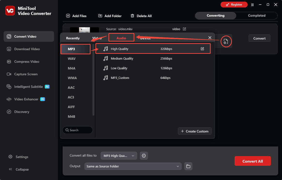 MiniTool Video Converter Convert Video interface showing how to set the export file format.