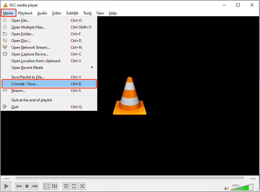 VLC interface with the Convert or Save option selected in the Media menu.